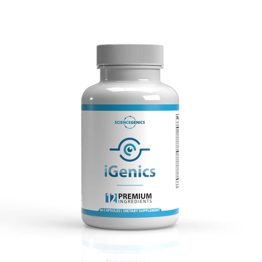 iGenics eye health supplement bottle — 12 premium ingredients, 60 capsules, Science Genics