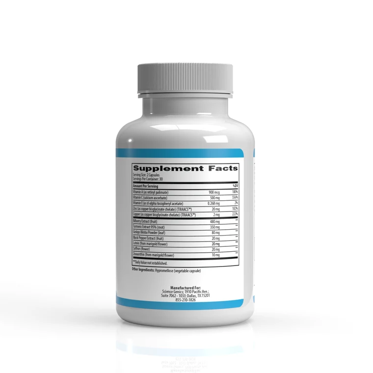 iGenics bottle Supplement Facts panel — serving size 2 capsules, lutein 20mg, zeaxanthin 10mg, bilberry 480mg, all amounts published